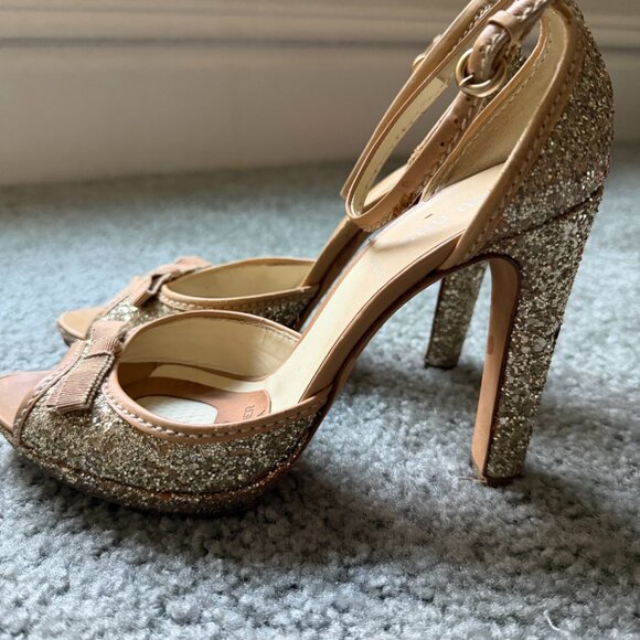 Miu Miu Gold Glitter Strappy Open Toe Heels - Picture 3 of 7